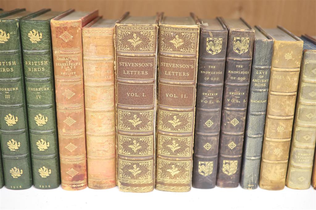 A collection of leather bound books, British Birds, Stevensons Letter, etc